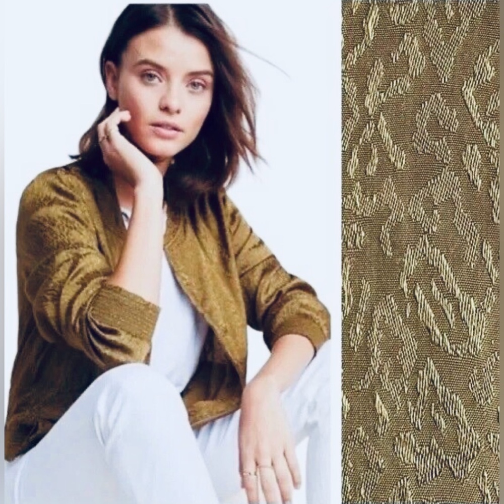 Anthropologie Maeve Olive Green Leopard Print Satin Bomber Jacket size Medium